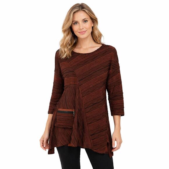 IC by  Connie K Tops - IC By Connie K Tunic Blouse Womens Small Brown Striped Pocket Zip 3/4 Sleeve Top